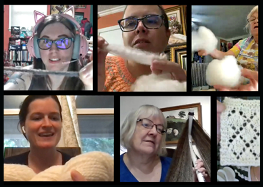 Collage of people showing different stages of wool preparation and spun yarn