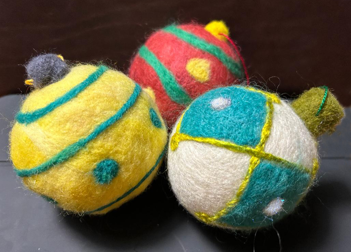 Three Colorful felted ball ornaments